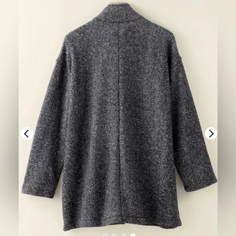 Eileen Fisher 100% cotton Stand Collar Long Herringbone Snap-Front Jacket Coat